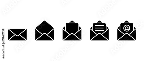 Email envelope icon set. Closed, open mail, incoming letter, text message, and inbox with mention symbol
