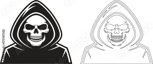Grim Reaper Front Silhouette Vector – Hooded Skeleton Horror Illustration