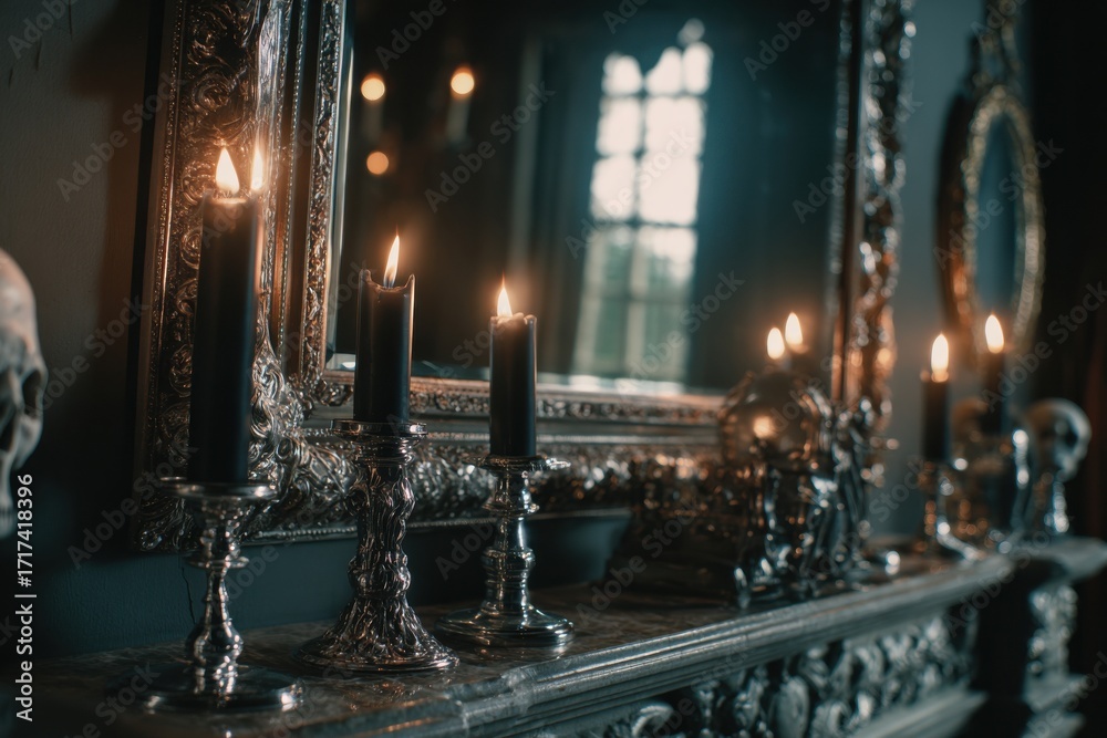 Obraz premium dramatic candlelit mantel with silver holders flickering flames baroque mirror and gothic decor creating mysterious ambiance concept of luxury branding hospitality cultural storytelling