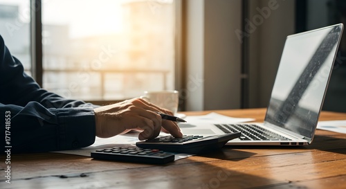 tax deduction planning concept, businessman calculating business balance prepare tax reduction, businessman working on laptop computer, businessperson working on laptop with financial spreadsheet