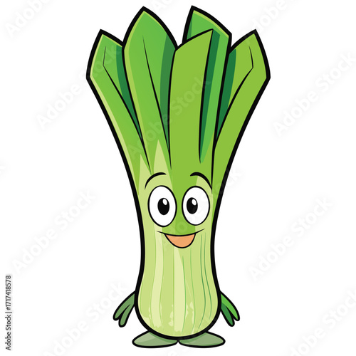 Happy cartoon leek character with green leaves and smiling face Keywords: leek, cartoon, character