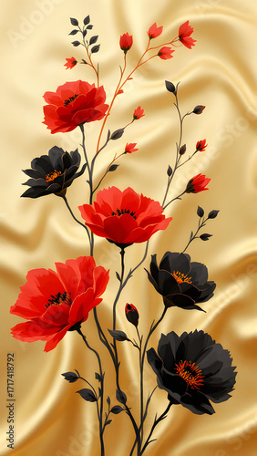 Artistic arrangement of red and black poppy flowers against a draped golden fabric background
