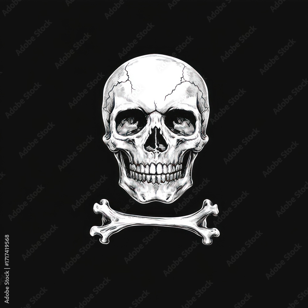 Fototapeta premium A striking skull with intricate details sits above crossed bones against a black backdrop