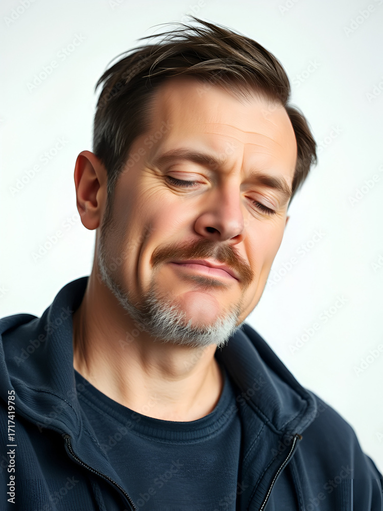 Fototapeta premium Man still drowsy in morning, white background.