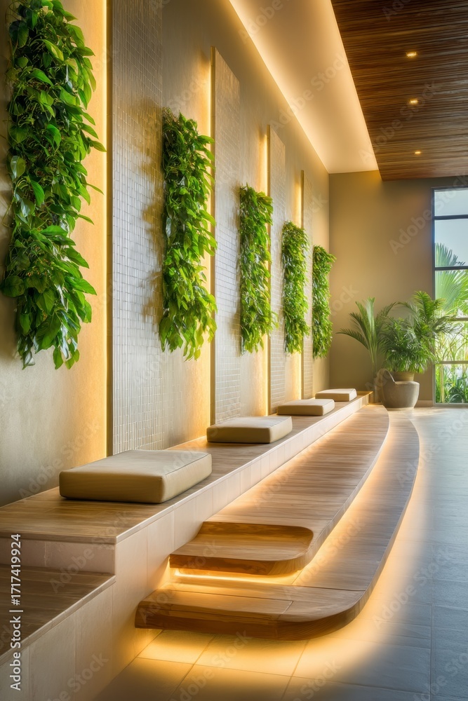 Fototapeta premium Innovative Simplicity, Natural Spa Design, Serene Zen Spa Oasis with Organic Elements and Soft Lighting for Relaxation and Wellness, 3D rendering