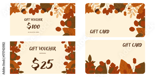 Autumn gift card and gift voucher with colorful orange brown fall leaves. Perfect for seasonal promotions, discount offers, product display, festive branding. Vector set