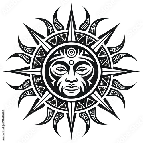 Tribal sun face with intricate geometric patterns isolated on white background, radiating warmth and ancient symbolism in black and white