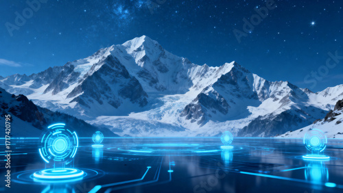 Futuristic digital interface overlay on a snowy mountain landscape under a starry night sky