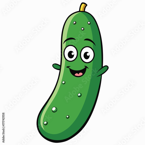 Smiling Cartoon Cucumber Character with Green Skin and White Background vegetable food