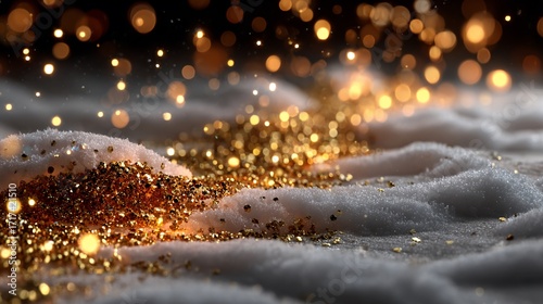 Golden glitter cascades over snowy, textured mounds under a dark background filled with blurred bokeh lights