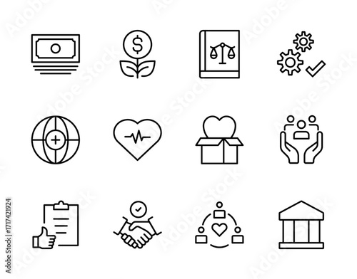 Social Policy, Finance, Health and Governance Line Icons Set, Economy and Charity and Development Icon Pack