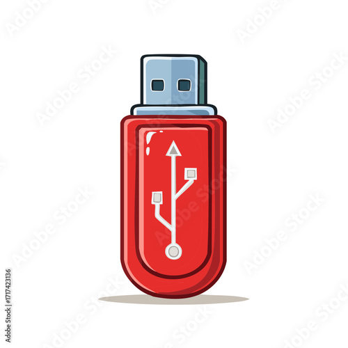 Illustrated USB Flash Drive in Red, Isolated on White Background, Vector Illustration