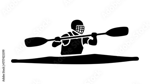 Flat Vector Black Silhouette of Kayaker Paddling in Helmet