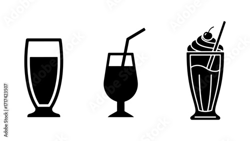 Flat Vector Beverage Icons Collection with Glasses and Straws