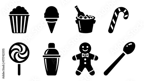 Black and White Flat Vector Icons of Food, Drink, and Sweet Treats