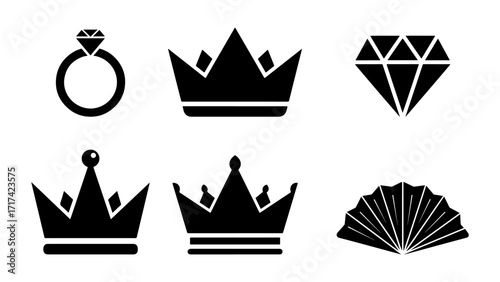 Flat Vector Black Silhouette Icons Set of Crowns, Diamond, Ring, and Fan