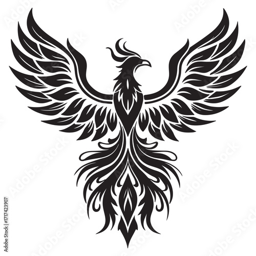 Phoenix rising a symbol of rebirth, renewal, and immortality, wings spread wide, isolated on white background