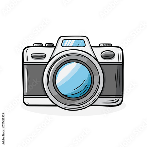 Hand drawn cartoon camera illustration with prominent lens, photography equipment, creative imagery concept