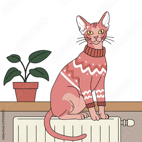 Pink Sphynx cat wearing a sweater sitting on a radiator with plant  