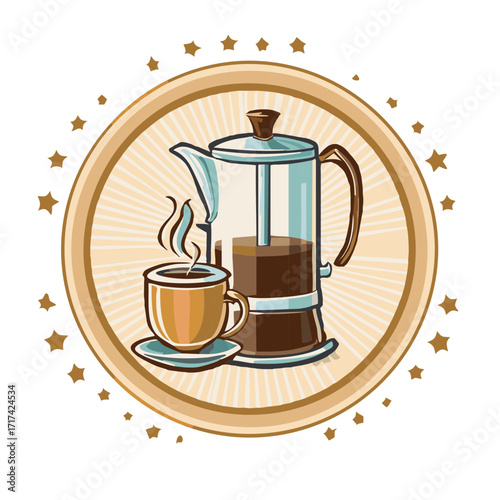 Coffee pot and steaming cup of joe with stars on a circular badge style illustration