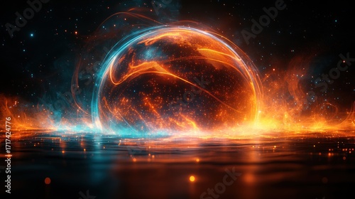 A glowing cosmic sphere shines orange and blue above a tranquil water surface
