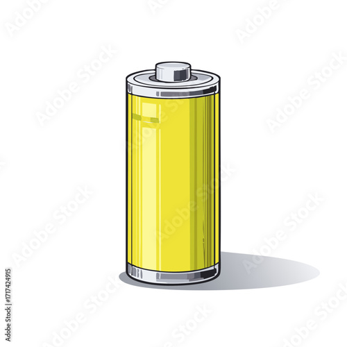 Shiny Yellow AA Battery Illustration: Single Cell Energy Source, Power Supply, Metallic Details