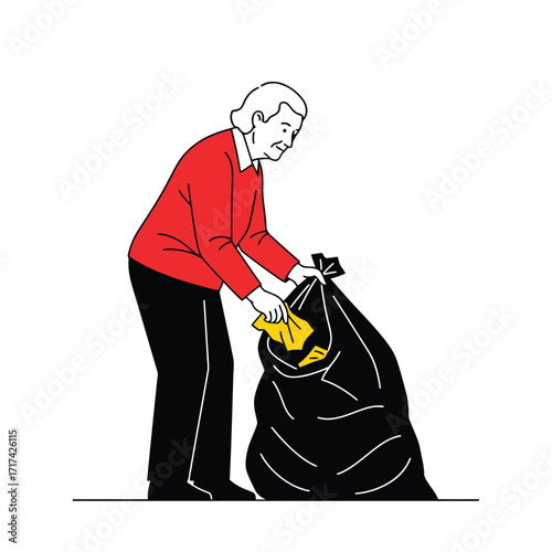Vector art of elderly woman putting trash in a large black bag