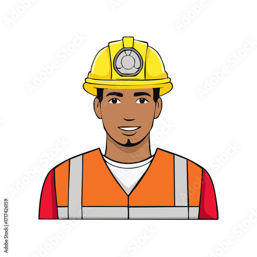 Smiling Miner Portrait with Hard Hat and Safety Vest Isolated, Vector Illustration