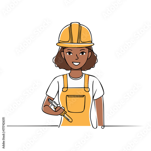 Female construction worker in yellow hard hat and overalls holding tools smiling confidently