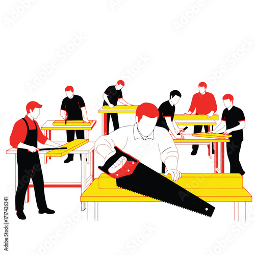 Vector art of carpenters working together with saws