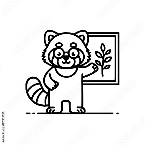 Red panda with glasses presenting a framed botanical illustration in a line art style design
