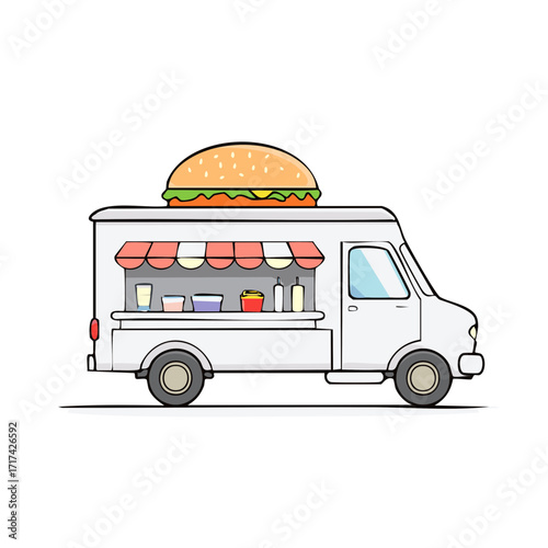 Cartoon illustration of a food truck with a burger on top, food service, street food.