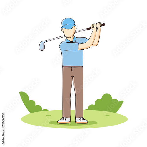 Golf player swinging a club, ready to hit the ball on the green