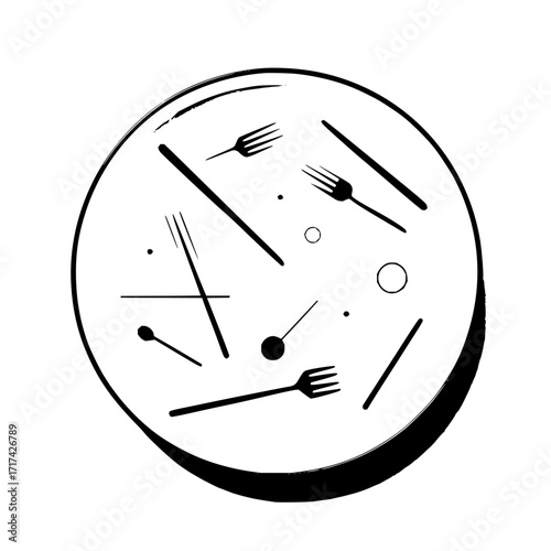 A circular plate illustration with scattered forks spoons and abstract shapes in black and white minimalist style
