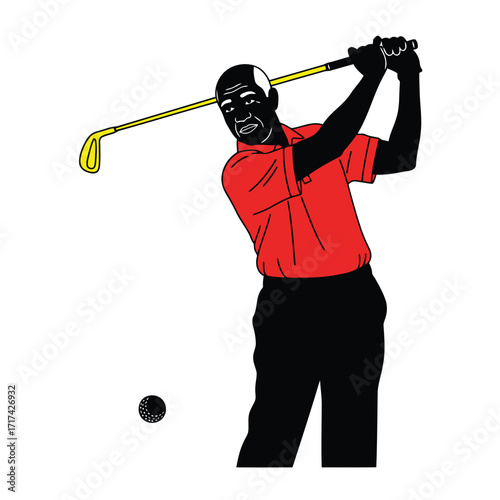 Vector art of golfer in red shirt swinging club at golf ball isolated on white