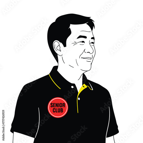 Vector art of man wearing a black polo shirt with senior club logo