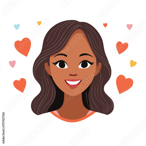 Beautiful dark-skinned woman smiling, surrounded by colorful hearts illustration