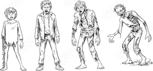 Zombie character evolution, horror illustration, undead transformation stages, creepy cartoon figures, decomposed monster art, Halloween vector,