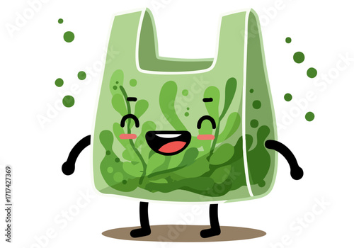 A cute, smiling algae bag illustration promotes sustainable shopping. Bright green and white design, modern and playful style. Ideal for eco-friendly campaigns.