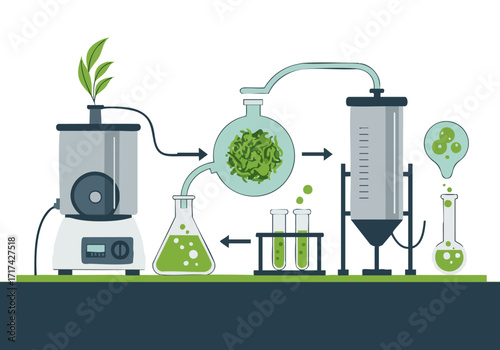 Illustration depicts bioextraction process with a plant grinder and filtration system Clean modern design with green and grey tones Ideal for science health or sustainability concepts