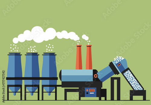 Industrial bio expansion plant with smoke stacks. Modern, stylized illustration. Clean lines, blue and orange color palette. Focus on process and scale.