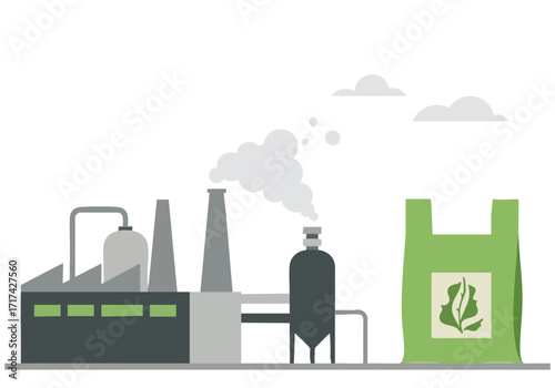 Industrial factory emitting smoke, contrasted with a green bag of bio-products. Modern, flat design illustration. Clean, graphic style.
