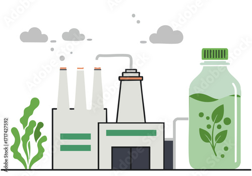 Industrial plant transforms biomass into a green bottle, symbolizing sustainable bio-production. Modern, clean design with a focus on eco-friendly technology.