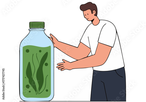 A man examines algae in a glass bottle, showcasing a close-up of aquatic life. Clean, modern illustration style.