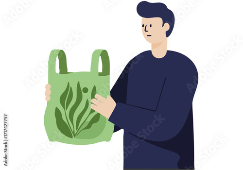 A man examines algae in a plastic bag, showcasing sustainable practices. Clean, modern illustration with a focus on environmental awareness.