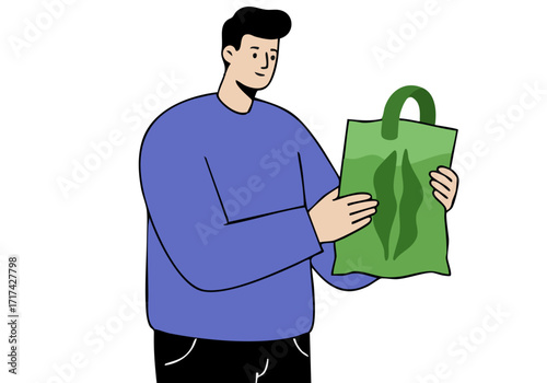 A young man inspects a green algae bag, conveying sustainability and eco-conscious choices. Clean, modern illustration style.