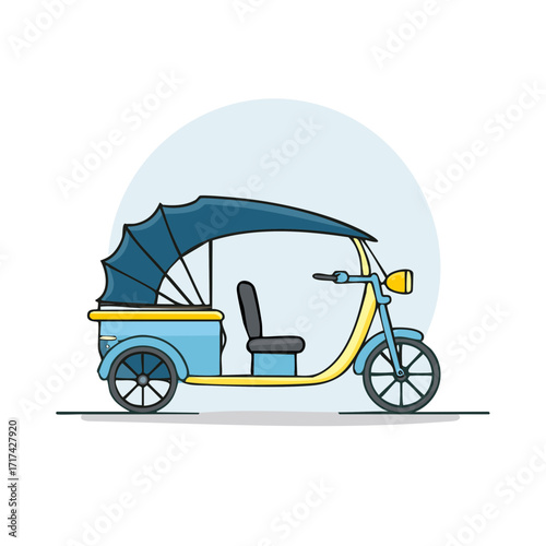 Stylized light blue and yellow three wheeled vehicle illustration with a passenger canopy for traditional transport