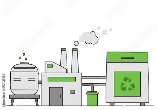 Modern factory illustration showcasing sustainable bio-production Clean lines green accents and recycling symbol highlight eco-friendly processes Ideal for environmental or technology concepts