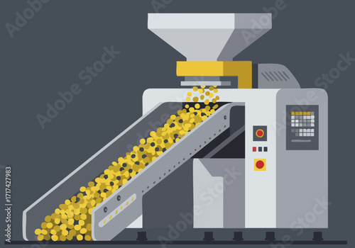 A modern, industrial machine fills containers with yellow pellets. Clean lines and a bright color palette create a visually appealing, commercial image.