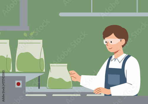 A young professional carefully measures green biomass in a lab setting, showcasing a sustainable process. Clean, modern, and focused.